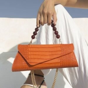 Crocodile Texture Beaded Handle Clutch Bag