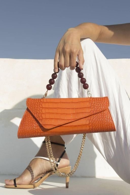Crocodile Texture Beaded Handle Clutch Bag